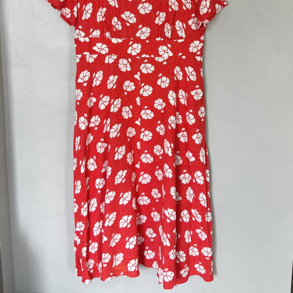 Boden Women's Size 10R Orange White Midi Dress Pockets Crepe Floral - Picture 5 of 10